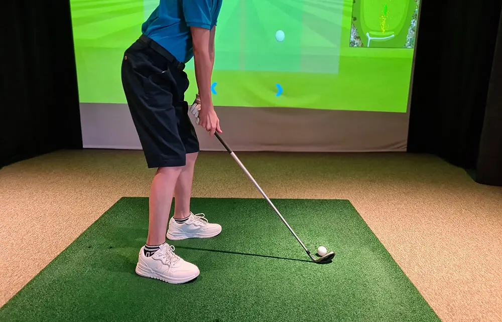 Person playing indoor golf simulator.